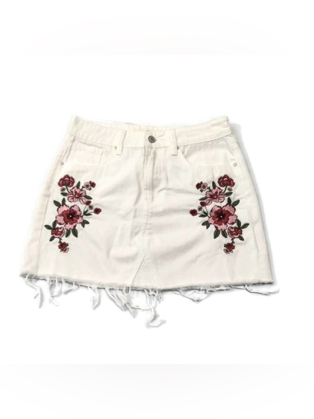 White Pacsun Denim Mini Skirt with Floral embroidery and Frayed Hem